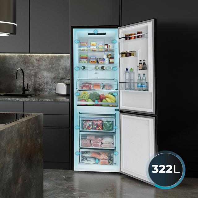 Bolero CoolMarket Combi 322i Black Glass D - Frigorífico Combi Cristal Negro, 322L, Ancho 59,5cm, Alto 185,5cm, Total NoFrost, Multi Airflow, HumidityFlex HUB y Puerta Reversible - Iluminación LED y Display Interior