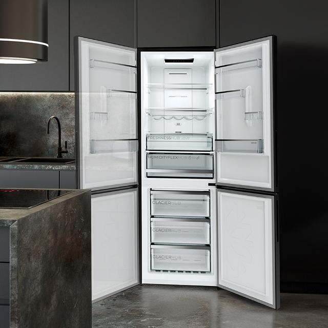 Bolero CoolMarket Combi 322i Black Glass D - Frigorífico Combi Cristal Negro, 322L, Ancho 59,5cm, Alto 185,5cm, Total NoFrost, Multi Airflow, HumidityFlex HUB y Puerta Reversible - Iluminación LED y Display Interior