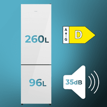 Bolero CoolMarket Combi 356i White Glass D - Frigorífico Combi Cristal Blanco, 356L, Ancho 59,5cm, Alto 200cm, Total NoFrost, Multi Airflow, Fast Freezing, FreshnessFlex HUB, HumidityFlex HUB y Puerta Reversible - Iluminación LED y Display Interior