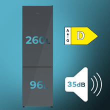 Bolero CoolMarket Combi 356i Grey Glass D - Frigorífico Combi Cristal Gris, 356L, Ancho 59,5cm, Alto 200cm, Total NoFrost, Multi Airflow, Fast Freezing, FreshnessFlex HUB, HumidityFlex HUB y Puerta Reversible - Iluminación LED y Display Interior