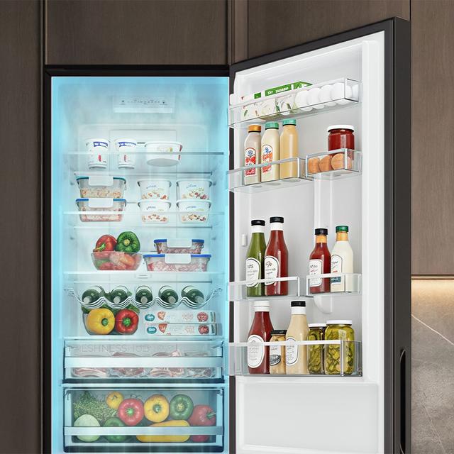 Bolero CoolMarket Combi 356i Black Glass E - Frigorífico Combi Cristal Negro, 356L, Ancho 59,5cm, Alto 200cm, Total NoFrost, Multi Airflow, Fast Freezing, FreshnessFlex HUB, HumidityFlex HUB y Puerta Reversible - Iluminación LED y Display Interior