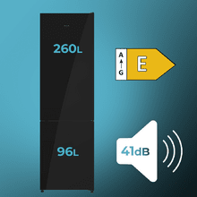 Bolero CoolMarket Combi 356i Black Glass E - Frigorífico Combi Cristal Negro, 356L, Ancho 59,5cm, Alto 200cm, Total NoFrost, Multi Airflow, Fast Freezing, FreshnessFlex HUB, HumidityFlex HUB y Puerta Reversible - Iluminación LED y Display Interior