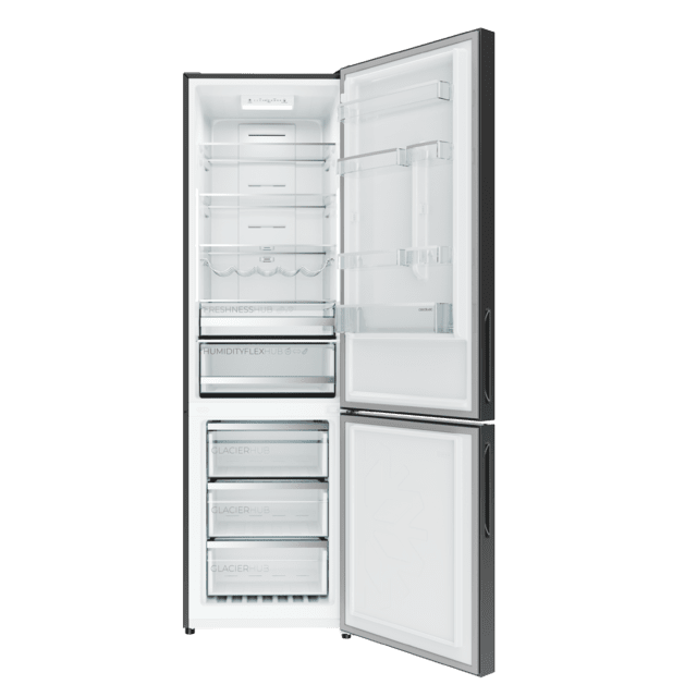 Bolero CoolMarket Combi 356i Black Glass E - Frigorífico Combi Cristal Negro, 356L, Ancho 59,5cm, Alto 200cm, Total NoFrost, Multi Airflow, Fast Freezing, FreshnessFlex HUB, HumidityFlex HUB y Puerta Reversible - Iluminación LED y Display Interior