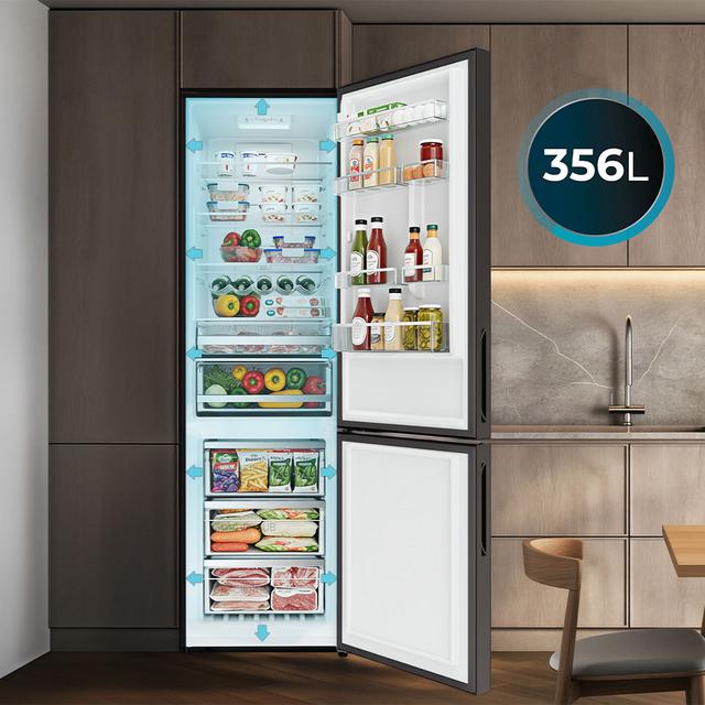 Bolero CoolMarket Combi 356i Black Glass E - Frigorífico Combi Cristal Negro, 356L, Ancho 59,5cm, Alto 200cm, Total NoFrost, Multi Airflow, Fast Freezing, FreshnessFlex HUB, HumidityFlex HUB y Puerta Reversible - Iluminación LED y Display Interior