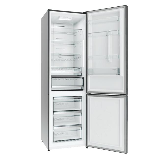 Bolero CoolMarket Combi 356i Black Glass E - Frigorífico Combi Cristal Negro, 356L, Ancho 59,5cm, Alto 200cm, Total NoFrost, Multi Airflow, Fast Freezing, FreshnessFlex HUB, HumidityFlex HUB y Puerta Reversible - Iluminación LED y Display Interior