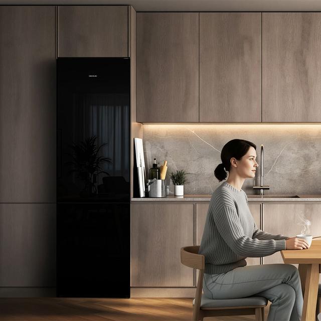 Bolero CoolMarket Combi 356i Black Glass E - Frigorífico Combi Cristal Negro, 356L, Ancho 59,5cm, Alto 200cm, Total NoFrost, Multi Airflow, Fast Freezing, FreshnessFlex HUB, HumidityFlex HUB y Puerta Reversible - Iluminación LED y Display Interior
