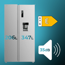 Bolero CoolMarket SBS 551 WD Inox E: Frigorífico Americano SBS Inox con Dual Cooling, Dispensador de Agua y Extra Capacidad de 551 L, Door Display, Estante Botellas Antivuelco, Total NoFrost, Compresor Inverter Plus, Ultra Silencioso 35dB, Luz LED, Fast Freezing, Fast Cooling & Modo Vacaciones.