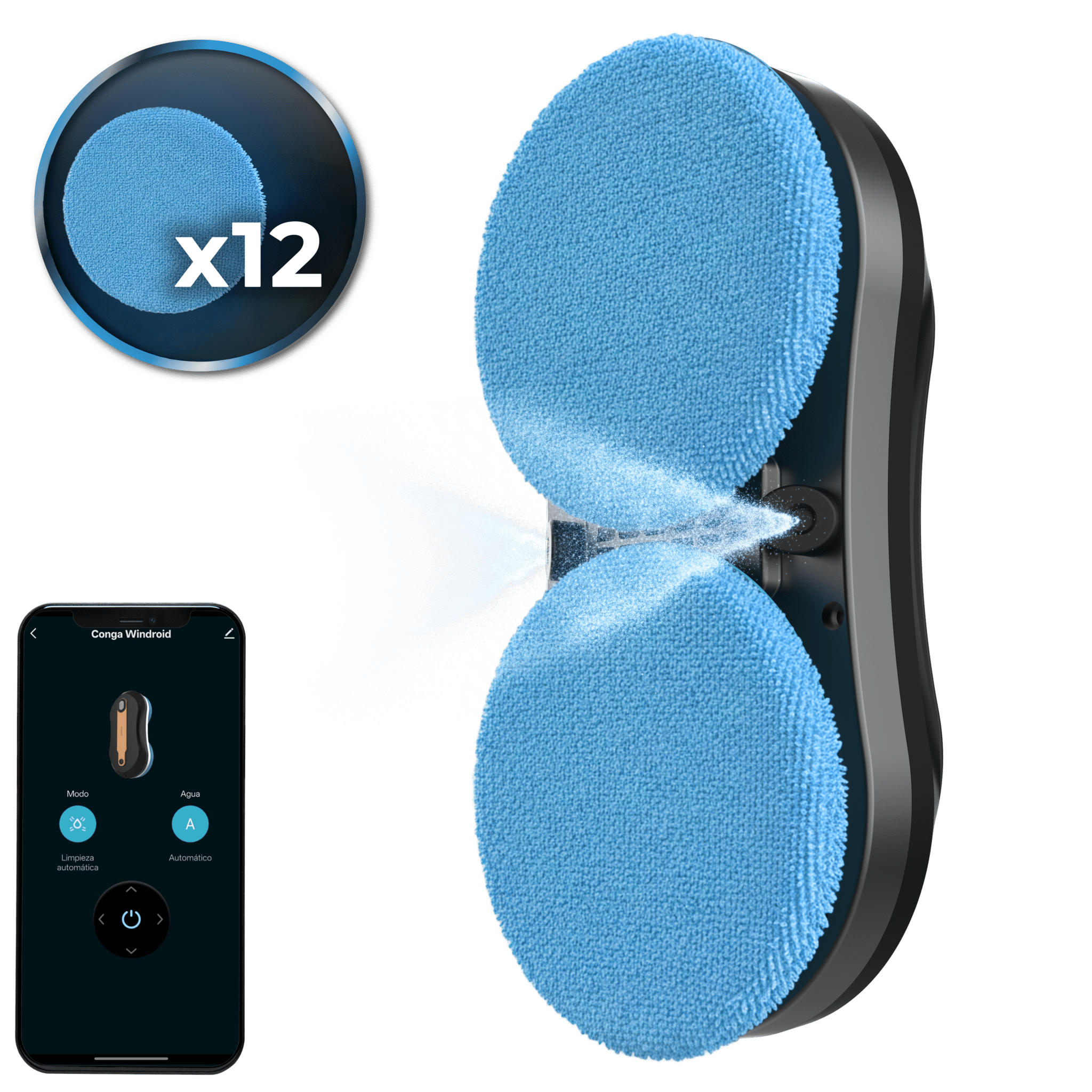 Conga Windroid W10 DoubleSpray 3-in-1 Fensterreinigungsroboter: Sprüht, reinigt und trocknet. Sprüht von beiden Seiten. 4 Reinigungsmodi. Inklusive App und Fernbedienung für volle Bewegungssteuerung. Reinigt verschiedene Oberflächen.