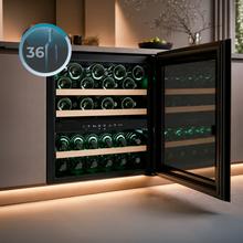 Bolero GrandSommelier Duo 36000 Touch Matt Black Compressor Vinoteca completamente integrable con cristal negro Mate, Apertura táctil mediante sensor, Doble zona temperatura 5ºC a 22ºC, Capacidad 36 Botellas, Dimensiones 60x60cm, Iluminación LED interior, Compresor integrado, Display LED Interior, Funcionamiento silencioso, 3 Estantes madera