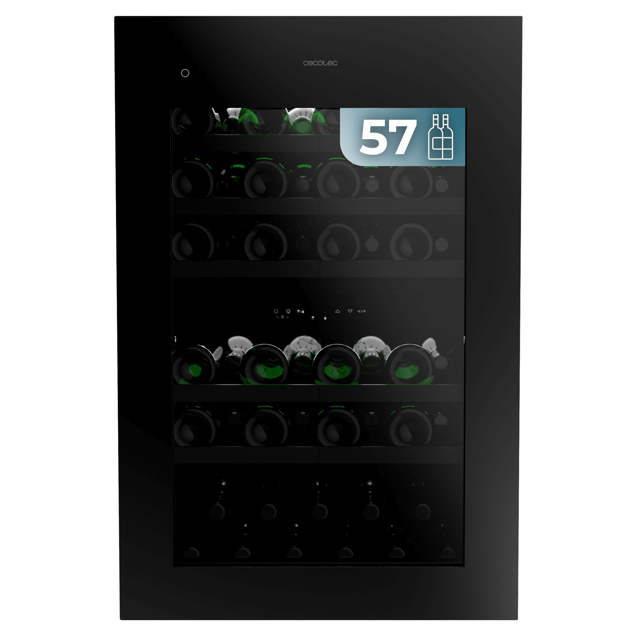 Bolero GrandSommelier Duo 57000 Touch Matt Black Compressor Integrierbarer, mattschwarzer Weinkühlschrank mit Touch-Öffnungssensor mit einem Fassungsvermögen von 57 Flaschen auf 5 Holzablagen, 88,5 cm hoch und 59 cm breit. Sehr leises Kompressorsystem (38 dB), das mit umweltfreundlichem Gas (R600a) gekühlt wird. LED-Innenbeleuchtung und LED-Touch-Bedienfeld.