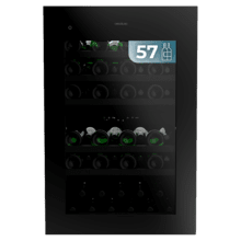 Bolero GrandSommelier Duo 57000 Touch Matt Black Compressor Vinoteca integrable negra mate con doble zona y sensor de apertura Touch con capacidad para 57 botellas en 5 baldas de madera y 88,5 cm de alto por 59 cm de ancho. Sistema compresor de enfriamiento muy silencioso (38dB) y refrigerado por gas respetuoso con el medio ambiente (R600a). Luz LED y panel de control táctil LED interiores.
