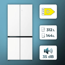 Bolero CoolMarket 4D 456 SBI Matt White Glass D Frigorífico 4 Puertas Cristal Blanco Mate, PerfectFit, Ventilación frontal, MetalFlexCooling, Zona convertible (frigorífico-congelador), NoFrost, Esterilización por iones, Extra Capacidad Extra Capacidad 456 Litros, Compresor Inverter Silencioso 35dB, Funciones Fast Cooling y Fast Freezing, Modo Vacaciones, Display