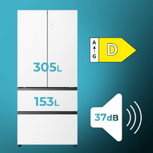 Bolero CoolMarket F2D 458 SBI Matt White Glass D Frigorífico Puerta Francesa de 4 Puertas Cristal Blanco Mate PerfectFit, 458 Litros, Ventilación Frontal, MetalFlexCooling, Cajón Temperatura Independiente (-1ºC, -3ºC y  +4ºC), Esterilización Iónica, Compresor Inverter, Extra Capacidad, NoFrost, MultiAirFlow, Silencioso 37dB, Fast Cooling y Fast Freezing, Modo Vacaciones