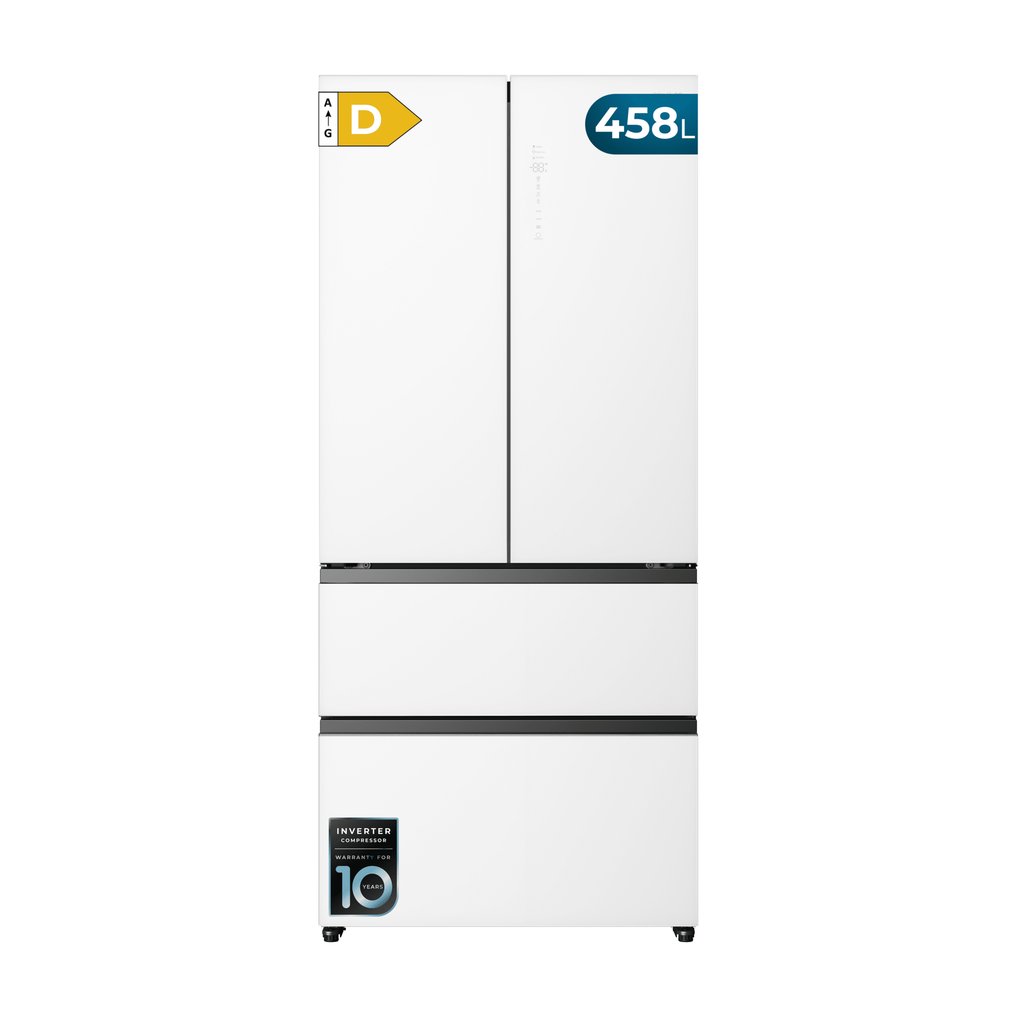 Bolero CoolMarket F2D 458 SBI Matt White Glass DFrigorifero a 4 porte con vetro bianco opaco PerfectFit, 458 litri, ventilazione frontale, MetalFlexCooling, cassetto con temperatura indipendente (-1 °C, -3 °C e +4 °C), sterilizzazione ionica, compressore inverter, capacità extra, NoFrost, MultiAirFlow, silenzioso 37dB, Fast Cooling e Fast Freezing, modalità Vacanze.
