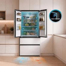 Bolero CoolMarket F2D 458 SBI Matt White Glass D Frigorífico Puerta Francesa de 4 Puertas Cristal Blanco Mate PerfectFit, 458 Litros, Ventilación Frontal, MetalFlexCooling, Cajón Temperatura Independiente (-1ºC, -3ºC y  +4ºC), Esterilización Iónica, Compresor Inverter, Extra Capacidad, NoFrost, MultiAirFlow, Silencioso 37dB, Fast Cooling y Fast Freezing, Modo Vacaciones