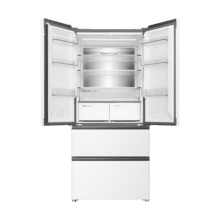 Bolero CoolMarket F2D 458 SBI Matt White Glass D Frigorífico Puerta Francesa de 4 Puertas Cristal Blanco Mate PerfectFit, 458 Litros, Ventilación Frontal, MetalFlexCooling, Cajón Temperatura Independiente (-1ºC, -3ºC y  +4ºC), Esterilización Iónica, Compresor Inverter, Extra Capacidad, NoFrost, MultiAirFlow, Silencioso 37dB, Fast Cooling y Fast Freezing, Modo Vacaciones