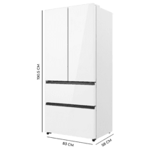 Bolero CoolMarket F2D 458 SBI Matt White Glass D Frigorífico Puerta Francesa de 4 Puertas Cristal Blanco Mate PerfectFit, 458 Litros, Ventilación Frontal, MetalFlexCooling, Cajón Temperatura Independiente (-1ºC, -3ºC y  +4ºC), Esterilización Iónica, Compresor Inverter, Extra Capacidad, NoFrost, MultiAirFlow, Silencioso 37dB, Fast Cooling y Fast Freezing, Modo Vacaciones