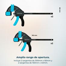 StrongComfort 740 Instant Evolution Set de sargentos de liberación y presión rápida para trabajos de carpintería o sujección o colocación en firme de piezas. 12 piezas. Hasta 70Kg de presión. Incluye pinzas de presión para trabajos de detalle.