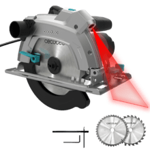 DirectPrecision 1400 Vision Scie circulaire de 1400 W avec câble de 3 mètres. Deux disques inclus de 185 mm, (24T et 40T) et guide parallèle. Coupe à 45° avec guide laser. Connexion à l'aspirateur.