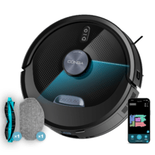 Conga M60 Dark Robô aspirador. Navegação laser. 13000 Pa de sucção do motor. Autonomia de até 200 minutos no modo Eco. Escova multifuncional adequada para todos os tipos de superfícies. Compatível com Bluetooth e WiFi para redes de 2,4 GHz.