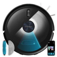 Conga M90 Dark Robot aspirapolvere. Intelligenza artificiale e navigazione laser. Motore di aspirazione di 25000 Pa. Fino a 240 minuti di autonomia in modalità Eco. Spazzola in silicone, ideale per case con animali domestici. Compatibile con reti Wi-Fi da 2,4 GHz e Bluetooth.