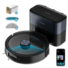 Conga Y90 Dark Robô aspirador com base de esvaziamento automático. Inteligência artificial e navegação a laser. 25000 Pa de sucção do motor. Autonomia de até 240 minutos no modo Eco. Escova de silicone, ideal para casas com animais de estimação. Saco para o pó de 3 L. Compatível com Bluetooth e WiFi para redes de 2,4 GHz.