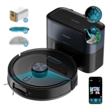 Conga Y90 Dark Robô aspirador com base de esvaziamento automático. Inteligência artificial e navegação a laser. 25000 Pa de sucção do motor. Autonomia de até 240 minutos no modo Eco. Escova de silicone, ideal para casas com animais de estimação. Saco para o pó de 3 L. Compatível com Bluetooth e WiFi para redes de 2,4 GHz.