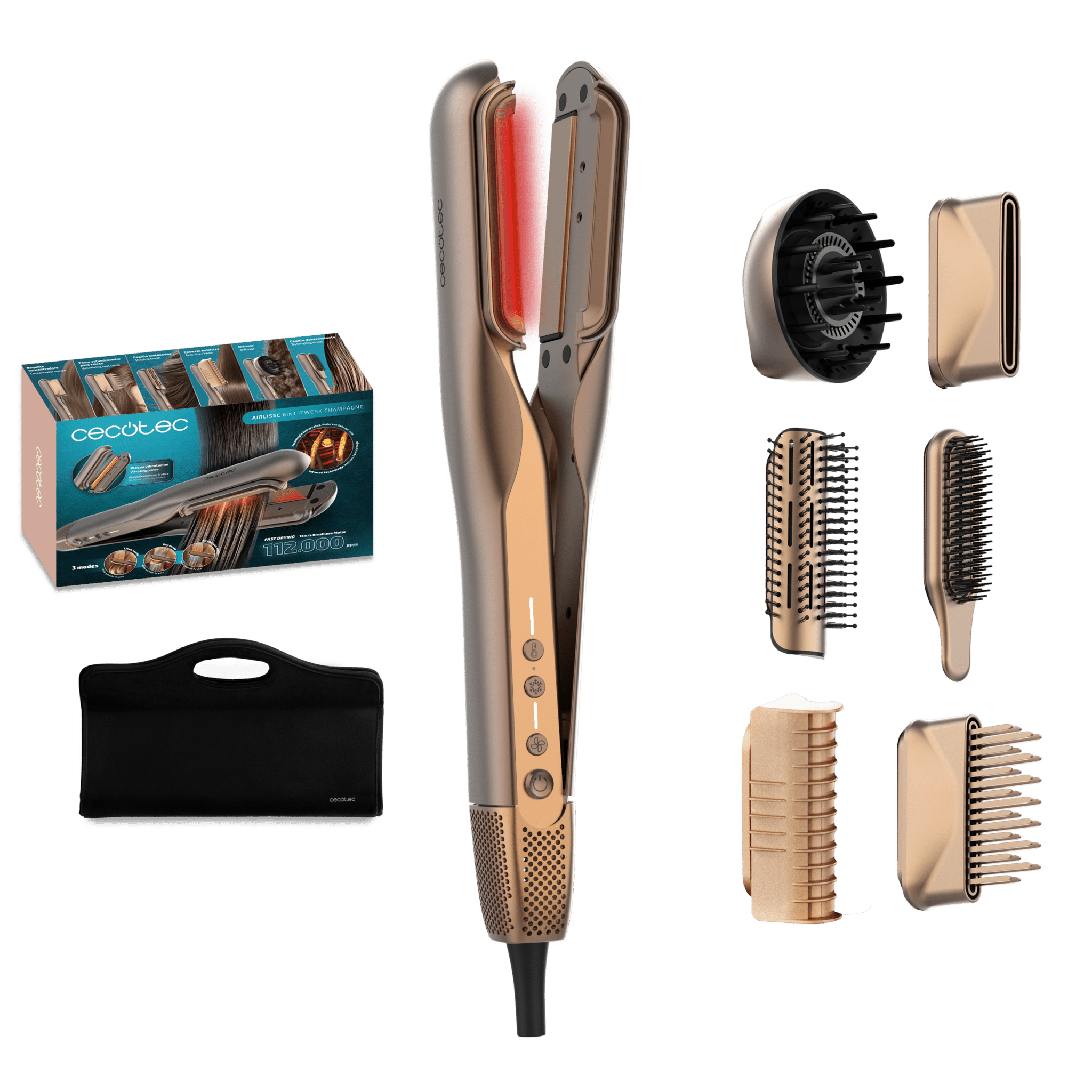 AirLisse 6in1 iTwerk Champagne: Luftglätter mit Infrarottechnologie, Vibrationsplatten, 3 Anwendungsmodi, Plasma, 6 Zubehörteile