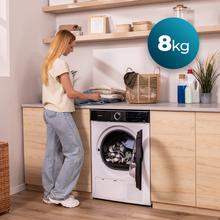 Bolero DressCode Dry 8180Sèche-linge blanc à pompe à chaleur d'une capacité de 8 kg, classe E (équivalent à l'ancienne classe A++), 15 programmes avec séchage automatique et fonctions Spa Care, Anti-plis, 3 niveaux d'intensité de séchage, éclairage intérieur, Delay Start, Stop&Go, KidLock et accessoire pour le séchage des chaussures.