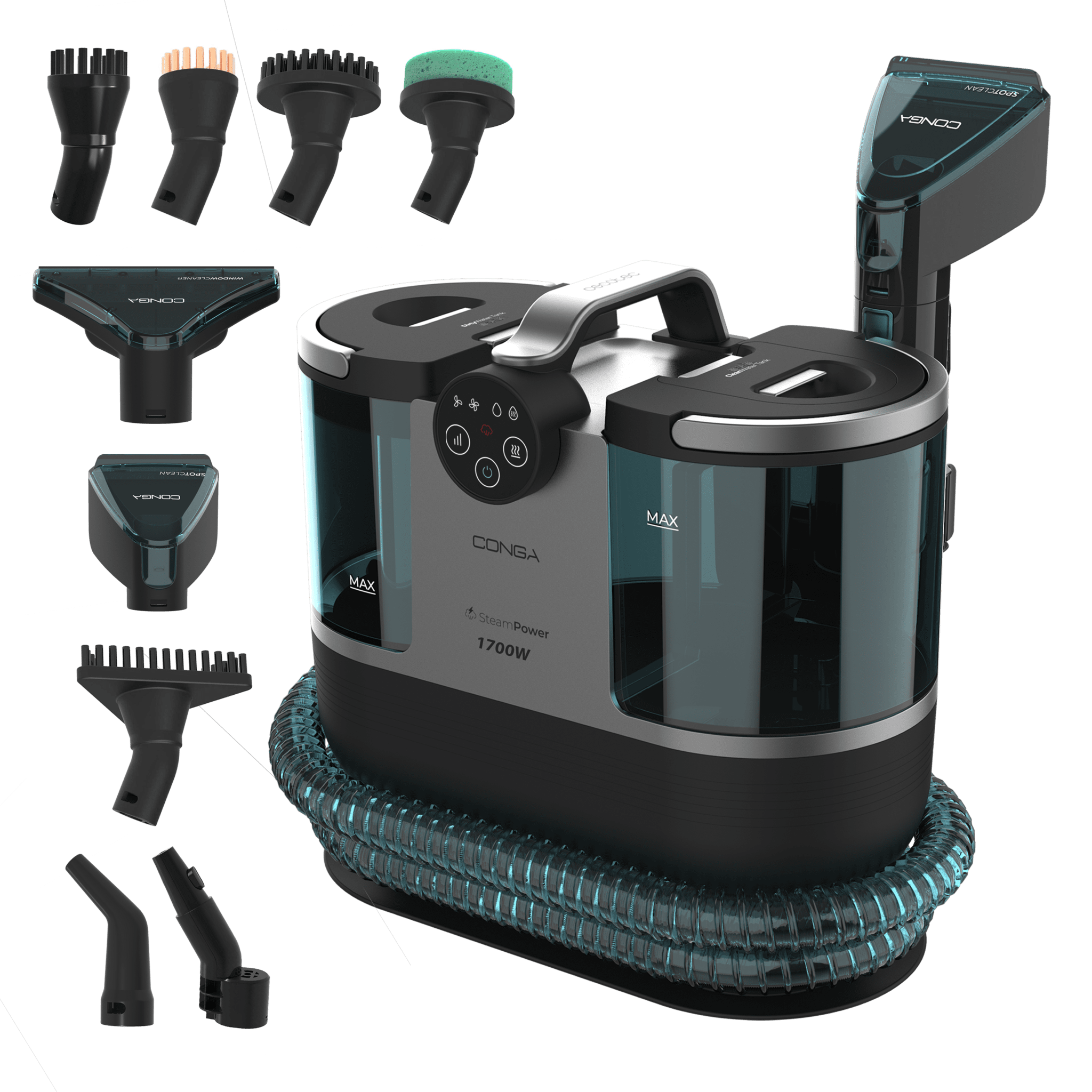 Conga 7000 Carpet&Spot Clean Steam XXL Pro Nettoyeur de taches Conga 7000 Carpet&Spot Clean Steam XXL Pro. 1700 W de puissance. Utilisation de la vapeur pour un meilleur détartrage de la saleté. Réservoir pour l’eau propre de 1600 ml et réservoir pour l’eau sale de 950 ml. Jusqu’à 9 mètres de rayon d’action. 15 accessoires.