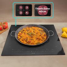 Bolero Squad I 4700 TitanicZone ShieldGlass Placa de Indução com 4 zonas, potência total de 7400 W, controlo Touch Slider, 9 níveis, TitanicZone, Zona Flex, Stop&Go, Booster, temporizador individualizado, indicador de calor residual e bloqueio de segurança para crianças