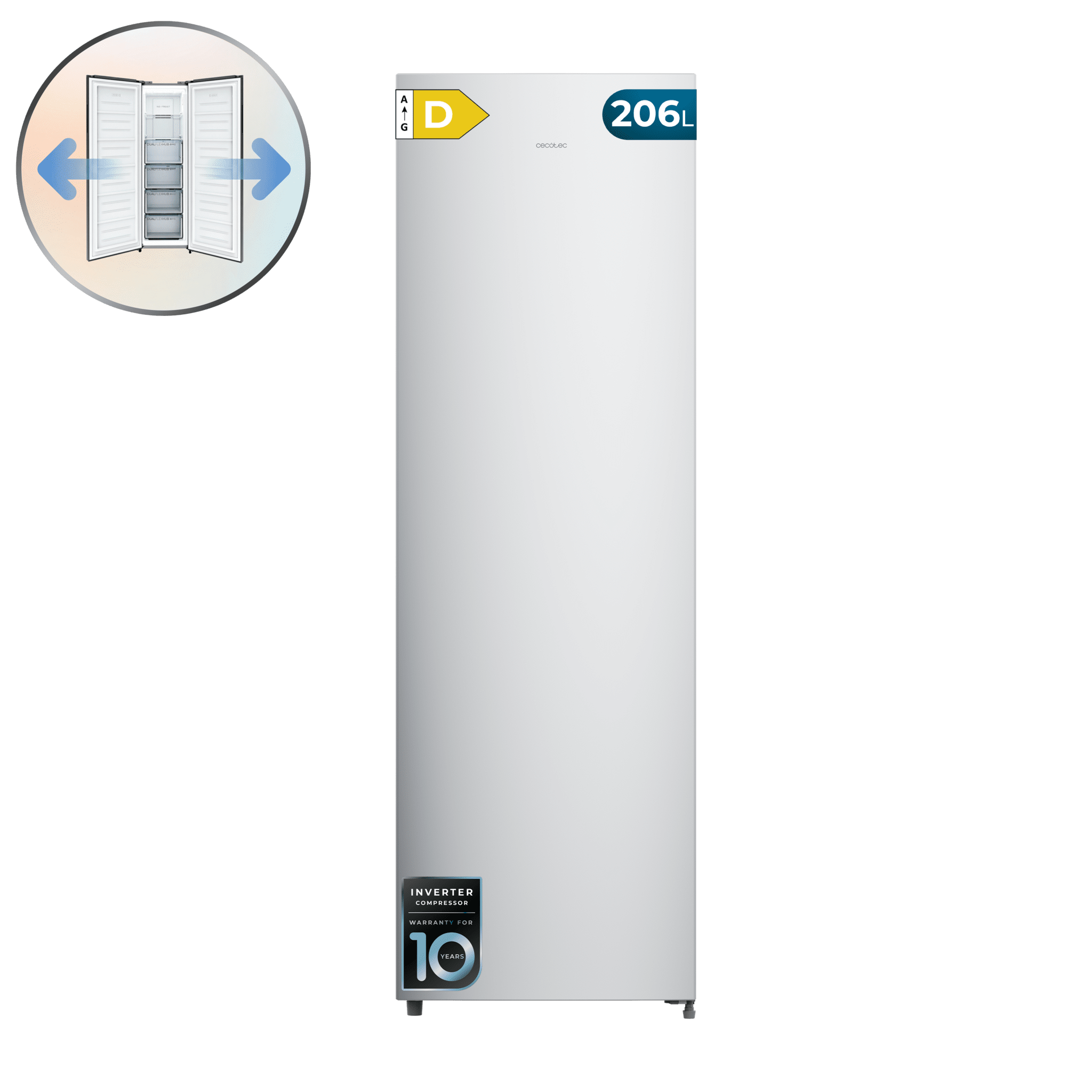 Bolero CoolMarket UF 206 Dual Inox DVertikaler Gefrierschrank mit Dual Function (Gefrier-/Kühlfunktion)·206L, No Frost, XL-Schubladen (24cm), Türanschlag wechselbar, LED-Beleuchtung, Alarmfunktion und gleichmäßiges Kühlsystem
