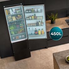 Bolero CoolMarket Combi FD 450 Black Glass D. Frigorífico Combi, MAX INSIDE con VIP Tech, Cool Matrix, Fresh Flex (cajón variable 6 temperaturas con control de humedad), Total NoFrost, Compresor Inverter Plus, Multi AirFlow, 450 L, 201×59,5×68 cm, funciones Fast Cooling y Fast Freezing, Modo Smart, Green HUB XL, Display exterior, Botellero, Bandejas de cristal y Clase energética D