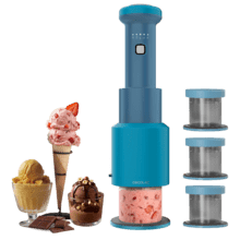 Gelatec EasyMove Sorbetière portable avec 5 programmes. Mélange vertical pour une texture onctueuse et utilisation intuitive. Crèmes glacées, sorbets et boissons glacées en 3 étapes.