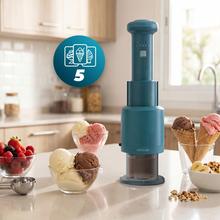 Gelatec EasyMove Heladera de mano con 5 programas. Mezcla vertical para textura cremosa y manejo intuitivo. Helados, sorbetes y bebidas heladas en 3 pasos.