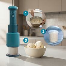 Gelatec EasyMove Heladera de mano con 5 programas. Mezcla vertical para textura cremosa y manejo intuitivo. Helados, sorbetes y bebidas heladas en 3 pasos.