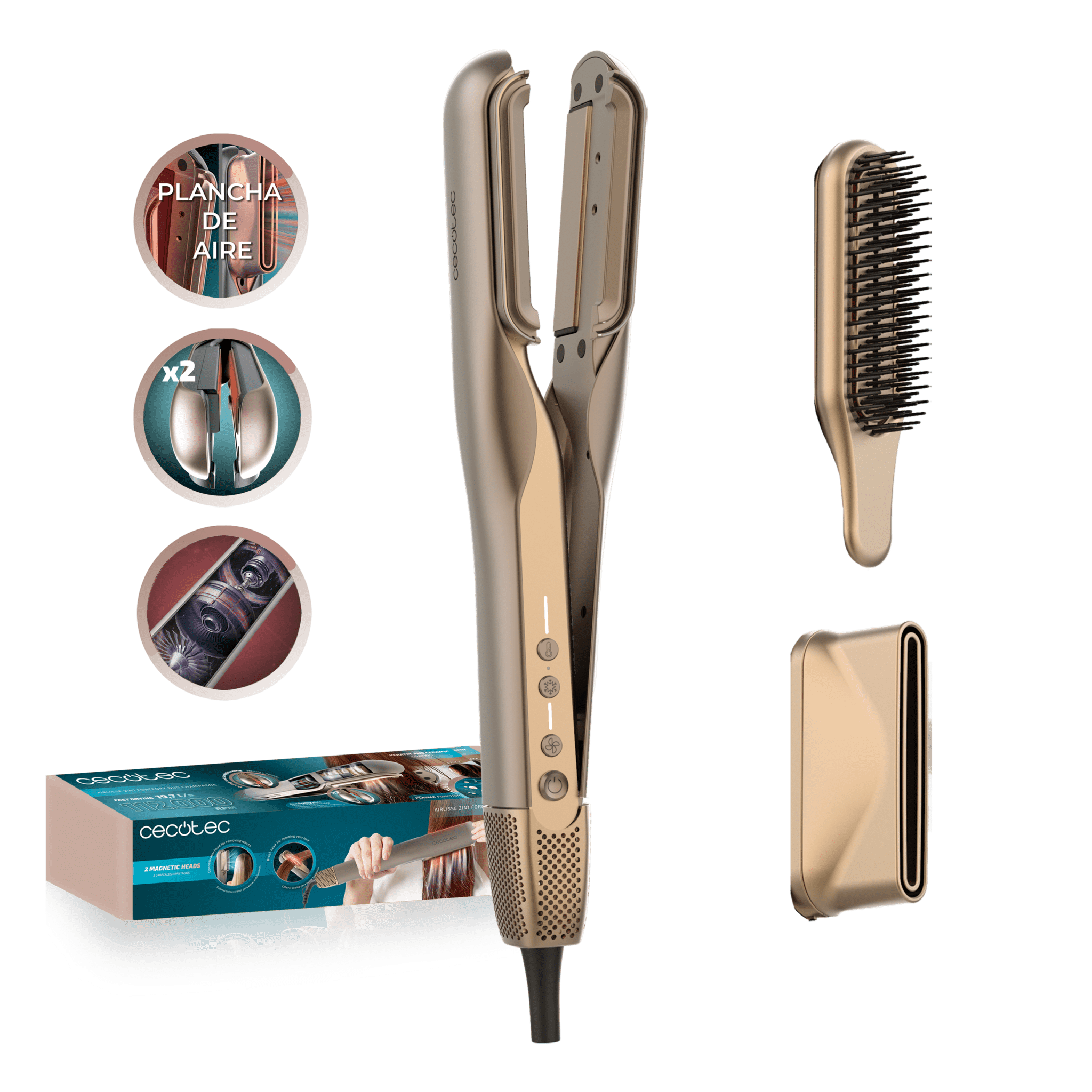 AirLisse 2in1 ForceDry Duo. Plancha de pelo con aire. Doble placa calefactora. 3 modos. Flujo de aire 13 m/s. 112.000 rpm. Motor Brushless. 2 accesorios