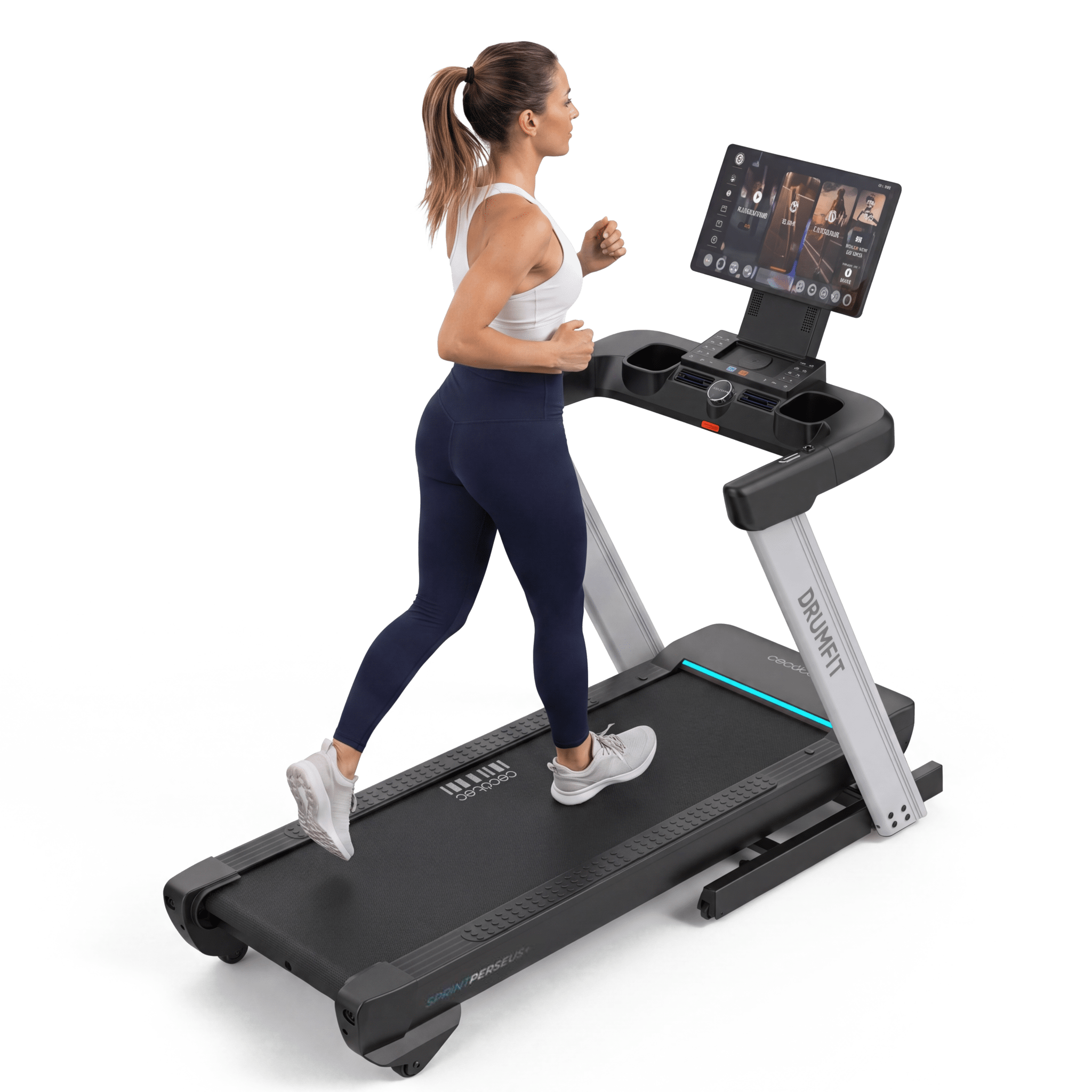 Drumfit flow sprint PERSEUS+Die DrumFit Flow Sprint PERSEUS+ ist ein Premium-Laufband mit einem 4-PS-Motor und einer Höchstgeschwindigkeit von 22 km/h. Sie zeichnet sich durch ihren innovativen, drehbaren 21-Zoll-TFT-Bildschirm, ein Neigungs- und Gefällesystem von −3° bis +15° sowie einen automatischen Klappmechanismus aus. Sie wurde entwickelt, um zu Hause ein Höchstmaß an immersiver Technologie und Konnektivität zu bieten.