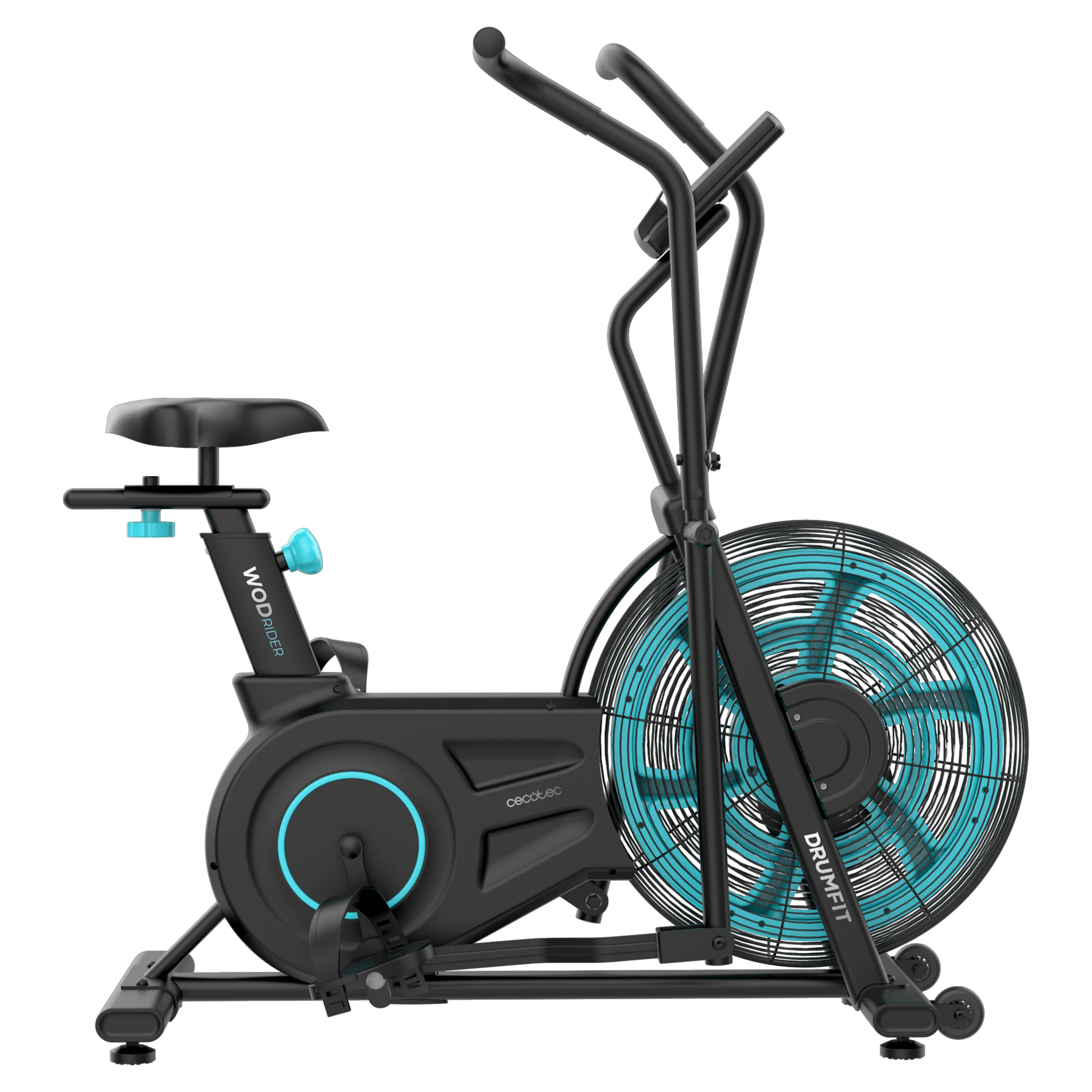 Drumfit WOD Rider 2000 Eolo PRO es una bicicleta de aire para entrenamientos intensivos, con ventilador de 480 mm y resistencia progresiva, pedaleo silencioso por correa, pantalla LCD, medidor de pulso en las asas, ruedas de transporte, compatibilidad y capacidad máxima de 135 kg.