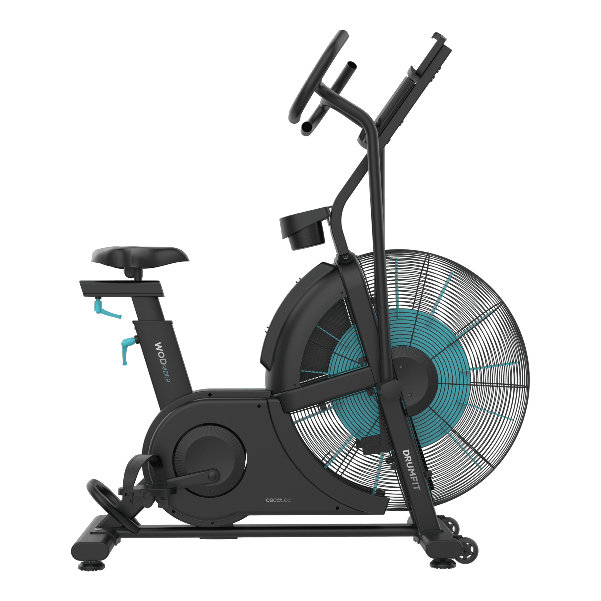 Drumfit WOD Rider Ultimate ist ein Hochleistungs-Airbike mit einem 679,5-mm-Ventilator, progressivem Widerstand, bidirektionalem Pedalieren, einem leisen und laufruhigen Doppelriemenantrieb, einem LCD-Display und vielfältigen Anschlussmöglichkeiten. Es ist für Benutzer bis 150 kg geeignet und wird mit Transportrollen geliefert.