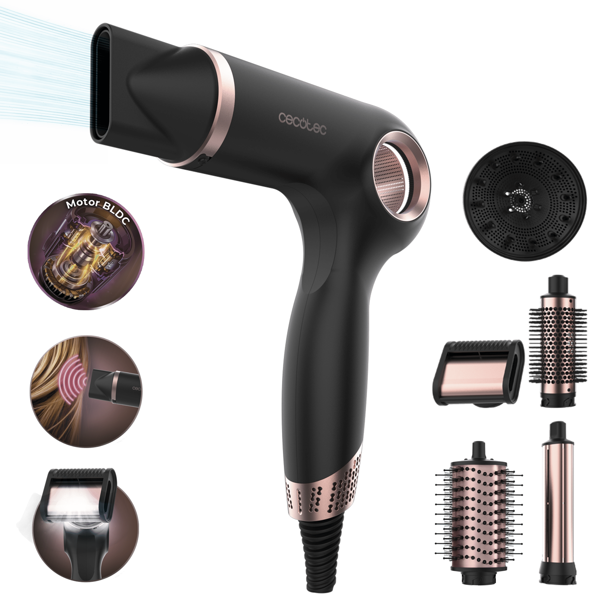 DryGlam Waves 6in1 Sensor Black Asciugacapelli Brushless con tecnologia a sensore di distanza, ioni, 6 accessori, tripla protezione termica, 1400 W, 110.000 giri/min.