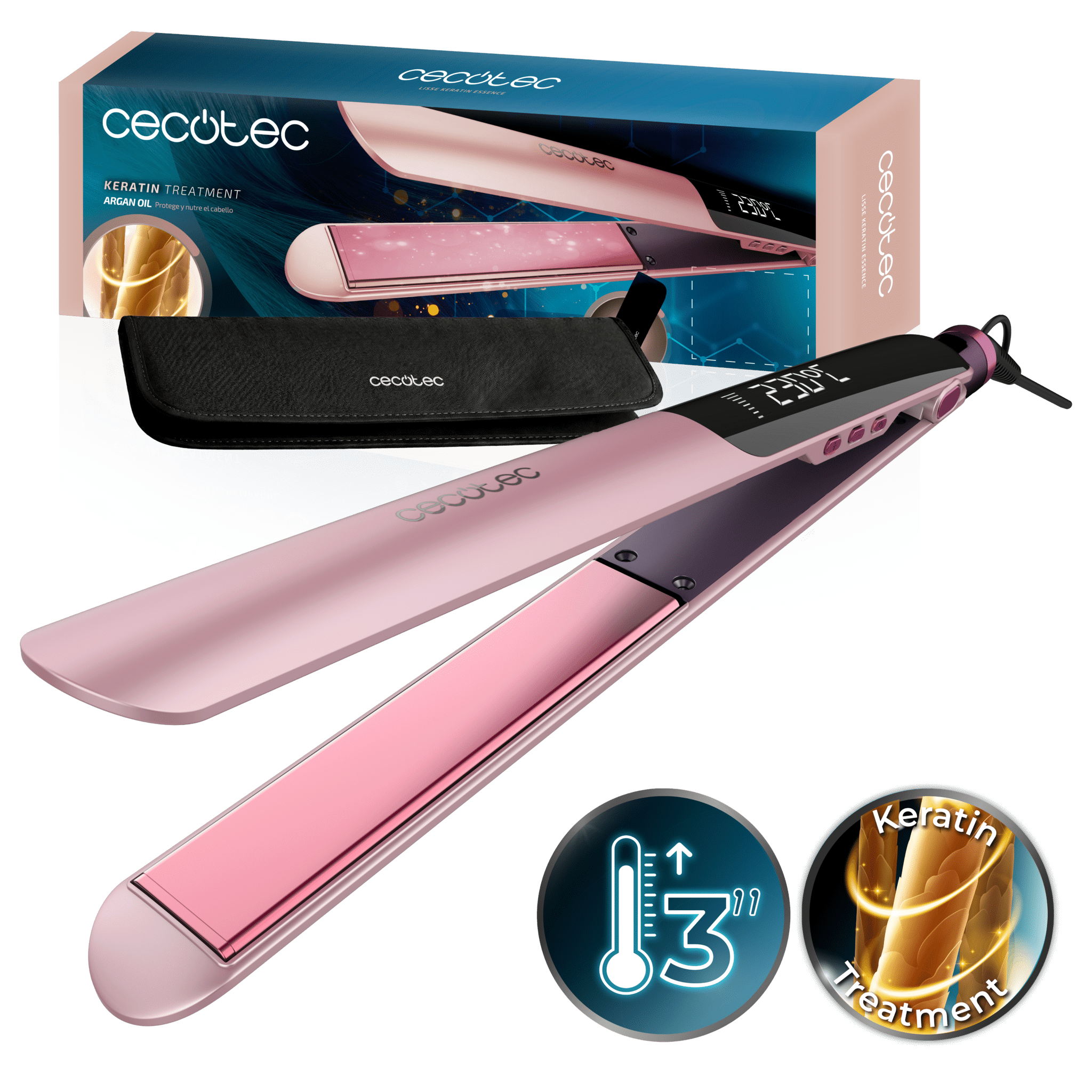 Lisse Keratin Essence Cotton Candy Haarglätter mit HeatMax-Funktion, 130–230 °C, Keramikbeschichtung mit Keratin und Arganöl, inklusive Reisetasche.