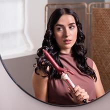 SurfCare CurlClip Cotton Candy: Rizador de Pelo con Pinza de 25 mm, Revestimiento de Cerámica con Queratina y Aceite de Argán, Calentamiento rápido, 5 Temperaturas, Apagado Automático, Guante y Bolsa de Termorresistente, Cable Giratorio