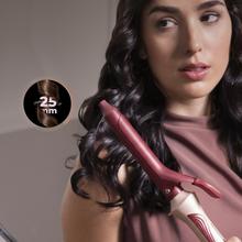 SurfCare CurlClip Cotton Candy: Rizador de Pelo con Pinza de 25 mm, Revestimiento de Cerámica con Queratina y Aceite de Argán, Calentamiento rápido, 5 Temperaturas, Apagado Automático, Guante y Bolsa de Termorresistente, Cable Giratorio