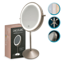 FaceCare Mirror Dual: Espejo de Maquillaje Doble Cara 360º , Recargable, 3 intensidades de Luz, Cuerpo metálico