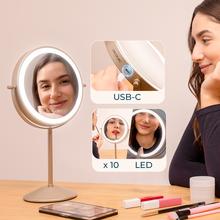 FaceCare Mirror Dual: Espejo de Maquillaje Doble Cara 360º , Recargable, 3 intensidades de Luz, Cuerpo metálico