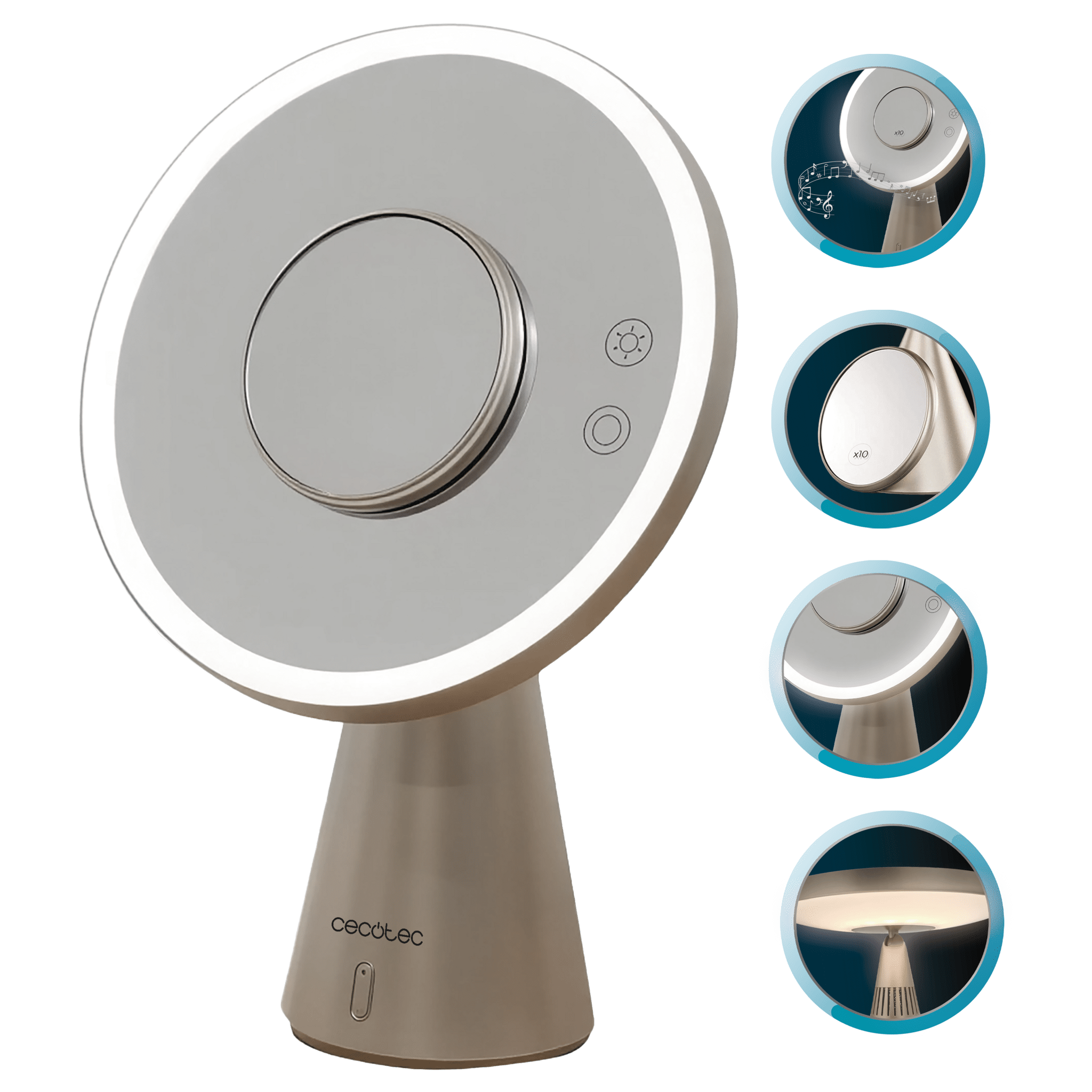 FaceCare Mirror&Sound Avec triple fonction : miroir rechargeable, lampe et enceinte, accessoire grossissant 10x.