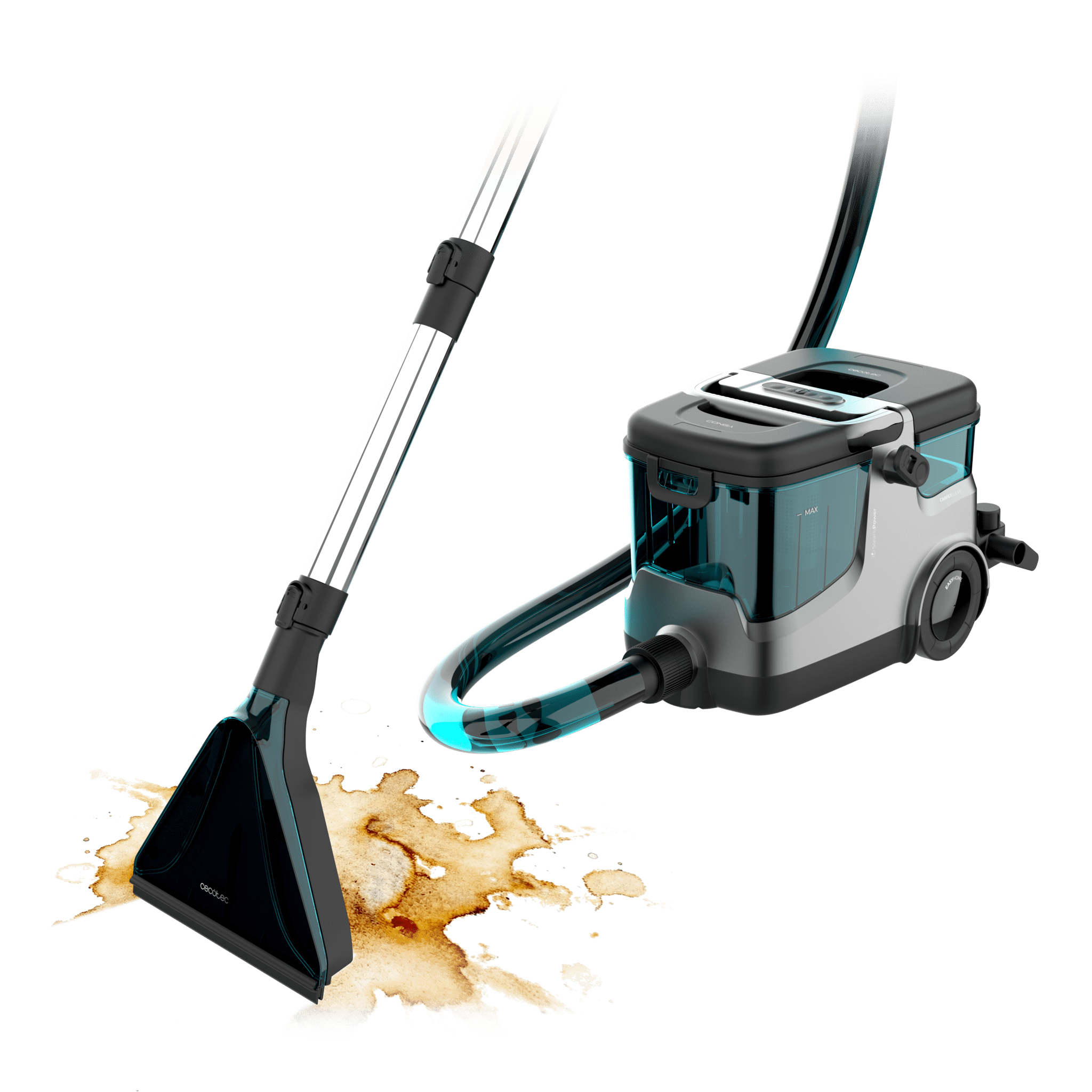 Conga CarpetClean 30000 Dampf-Polsterreiniger mit 2200 W Leistung. Entfernt Schmutz effektiv mit Dampf und Heißwasser. 2500 ml Frischwassertank und 1700 ml Schmutzwassertank. 8 Meter Aktionsradius. Mit Rädern und robustem Rohrrahmen.
