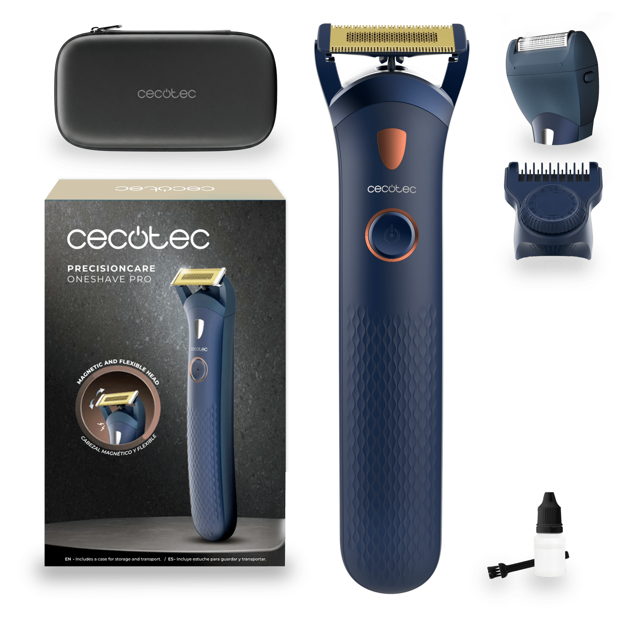 PrecisionCare OneShave ProPrecisionCare OneShave Pro: Klingen aus Edelstahl und Titan, magnetischer und flexibler Kopf, IPX7, LED-Licht, 1 verstellbarer Kamm, 1 Folienkopf, Etui.