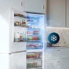 Bolero CoolMarket Combi 409 White Glass E Frigorífico Combi Cristal Blanco, MAX INSIDE con VIP tech, Cool Matrix, Cajón Variable 6 temperaturas con control de humedad, Total No Frost, Compresor Inverter Plus, Multi AirFlow, 409 L, 185x59,5cm, Funciones Fast Cooling y Fast Freezing, Modo Smart, Green HUB XL, Display Exterior, Puertas Reversibles, Botellero, Bandejas Cristal y Clase E.